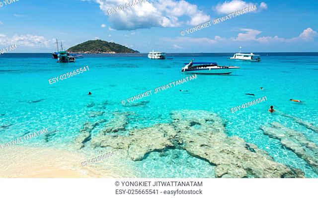 Beautiful landscapes of sky over the sea and tourists on beach in the summer at Koh Miang island is a attractions famous for diving in Mu Ko Similan National...