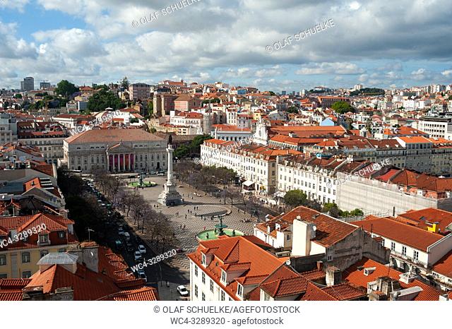 Lisbon, Portugal, Europe - An elevated view of the Rossio square or Praca Dom Pedro IV with the Teatro Nacional D. Maria II in the backdrop