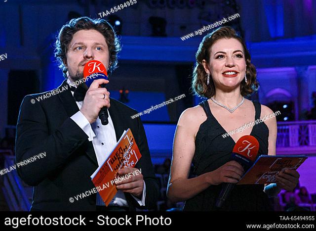 RUSSIA, MOSCOW - DECEMBER 5, 2023: TV presenters Alexander Malich (L) and Tatyana Gevorkyan are seen during the opening of the 24th Nutcracker International...