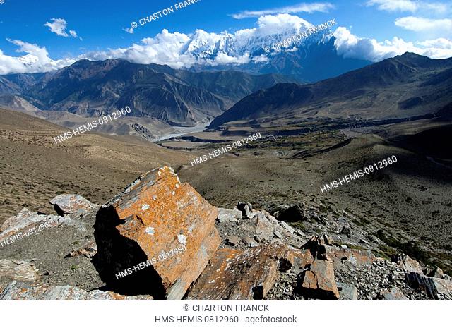 Nepal, Karnali Zone, Dolpo Region, arrival on the Kali Gandaki valley, with view on the Annapurna range and the Nilgiri peaks