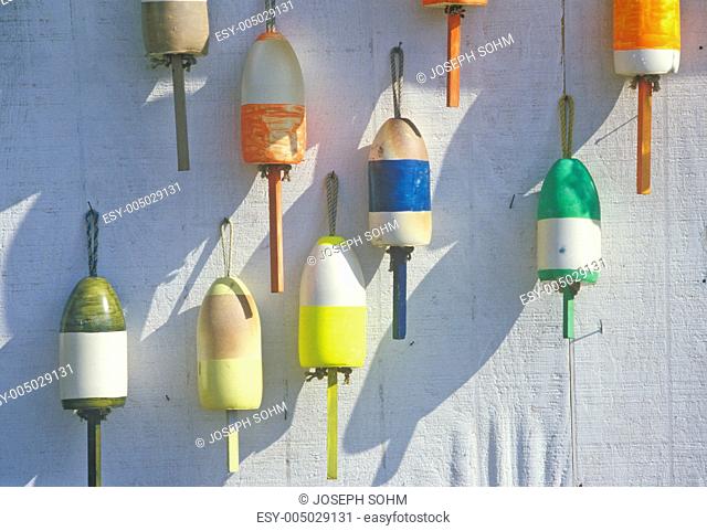 Close up of colorful lobster buoys, Muscongus Bay in New Harbor ME