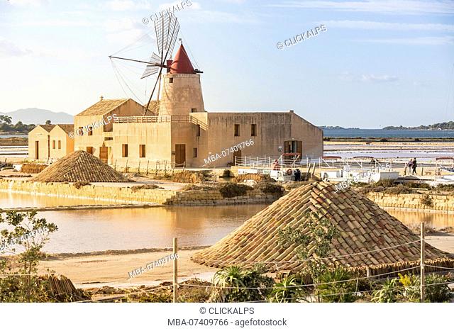 Infersa windmill, the largest windmill of Saline della Laguna, on the coast connecting Marsala to Trapani, Trapani province, Sicily, Italy