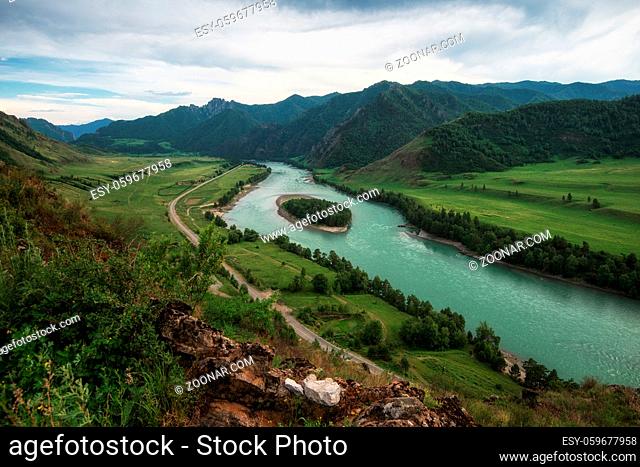 Katun river, with island in the Altai mountains, Siberia, Russia, concept of vacation at home, local tourism or domestic tourism