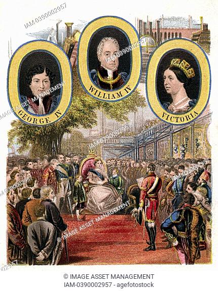 Great Exhibition, Crystal Palace, London  Queen Victoria opening exhibition 1 May 1851  At top are portraits of Victoria and of the two uncles who reigned...