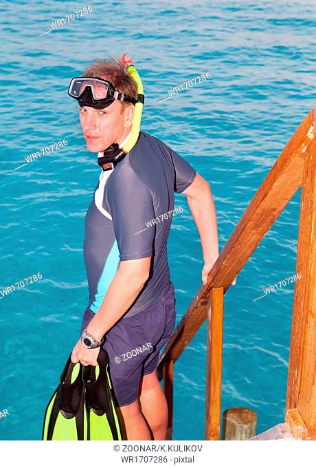 man with flippers, mask and tube near the ocean