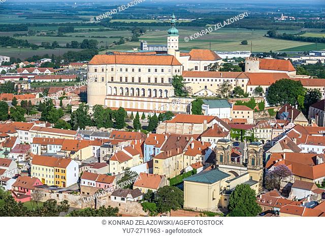 Aerial view from Foly Hill on Mikulov town with Mikulov Castle and Dietrichstein tomb, Czech Republic