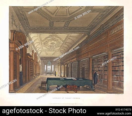 The library of Christ Church, Oxford, England at the beginning of the 19th century. After a print by Joseph Constantine Stadler from a work by Frederick...