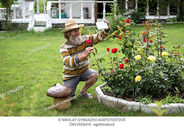 An elderly man with a beard beside a flower bed with roses