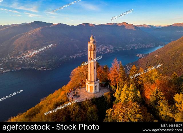 Aerial view of the Faro Voltiano (Volta Lighthouse) of Brunate overlooking Como and Como Lake in autumn. Brunate, Province of Como, Lombardy, Italy, Europe