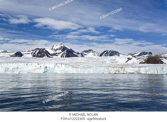 A view of the tidewater glacier in Isbukta Ice Bay on the western side of Spitsbergen Island in the Svalbard Archipelago, Barents Sea, Norway