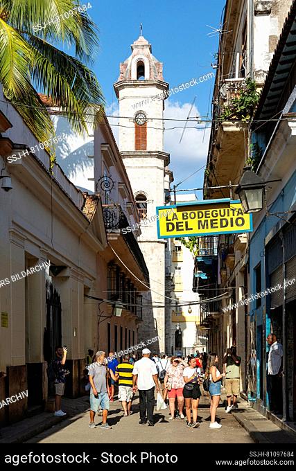 The Bodeguita del Medio and the bell tower of the cathedral behind, Habana Vieja, Havana, Cuba