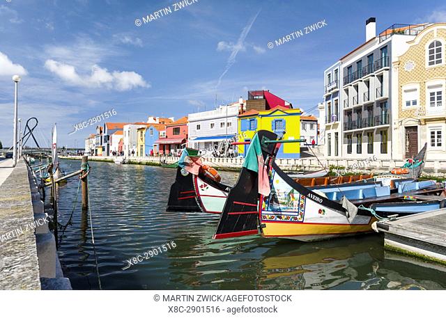 Traditional Moliceiro Boats, Cais dos Botiroes. Aveiro in Portugal on the coast of the Atlantic. Because of the many channels Aveiro is called the venice of...