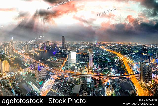 Sunset aerial view of Bangkok skyline, Thailand
