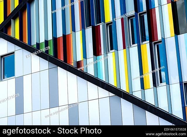 Dilbeek, Flemish Brabant Region, Belgium - 7 2 2021 abstract colors and lines from the facade of a contemporary music school building
