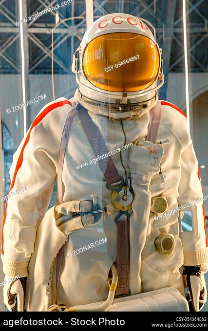 Moscow, Russia - November 28, 2018: Russian astronaut spacesuit in Moscow space museum that was specially developed for early space vehicle missions