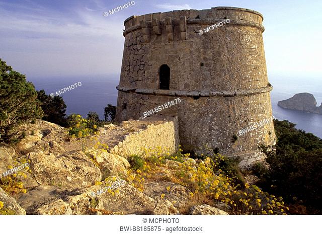 watchtower Torre des Savinar at the viewpoint Mirador des Savinar, Spain, Balearen, Ibiza