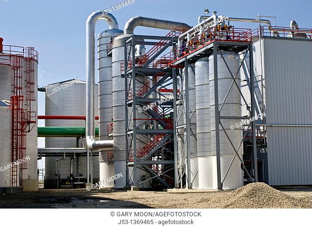 Ethanol plant distillation process equipment showing beer column, rectifier, sidestripper, molecular sieves, Richardton, North Dakota