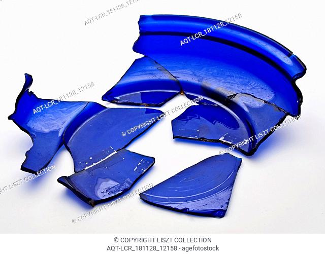 Three fragments of glass bowl, dark blue cobalt glass, floating bowl, dish vessel holder fragment soil found glass h 5.6