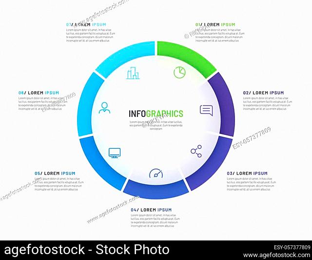 Pie chart infographic template divided by seven parts. Vector illustration