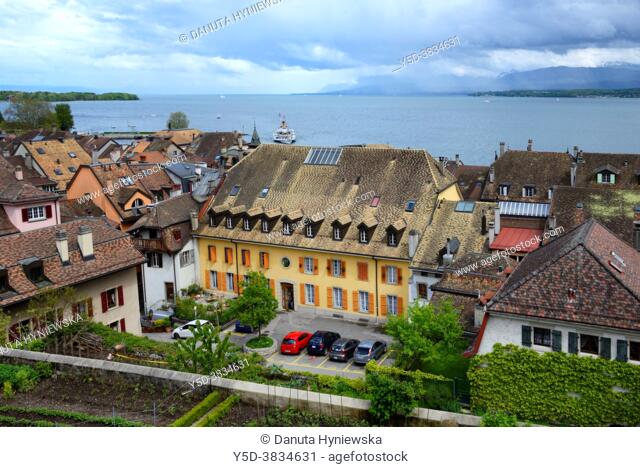 Geneva Lake seen over roofs of historic part of town near lake shore, Nyon, canton Vaud, Switzerland, Europe