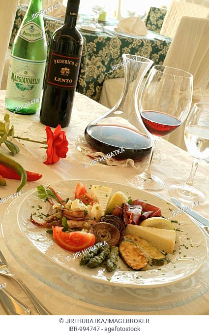 Calabrian antipasti, wine