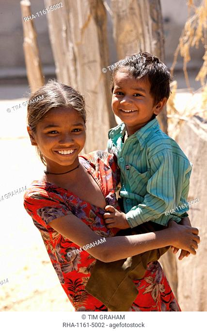 Happy Indian children in typical Rajasthani village of Nimaj, Rajasthan, Northern India