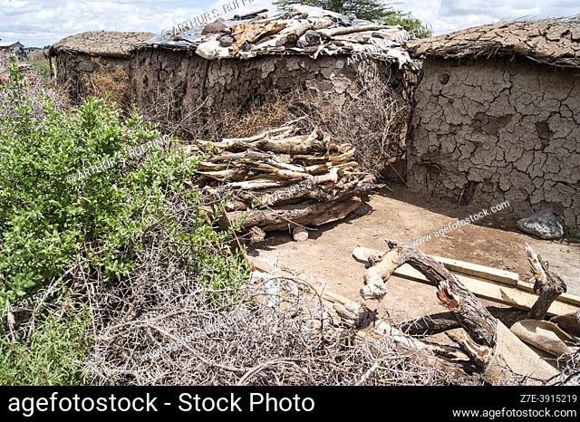 Traditional mud huts. Masai Village, Amboseli National Park, Kenya, Africa