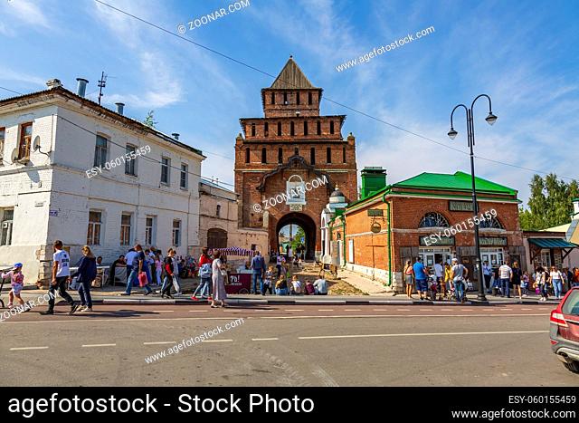 Kolomna, Russia - August 29, 2021: Part of the brick Pyatnitsky gate. The main entrance to the ancient city. Built in 1531