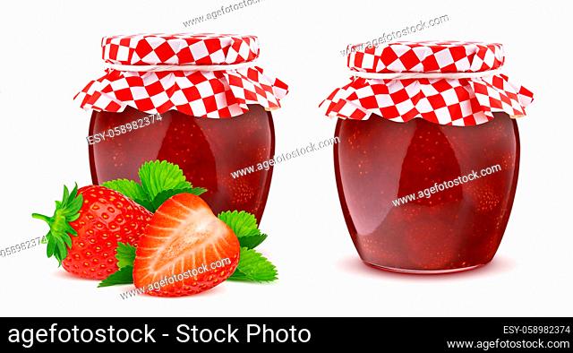 Strawberry jam, jar of fruit marmalade isolated on white background with clipping path