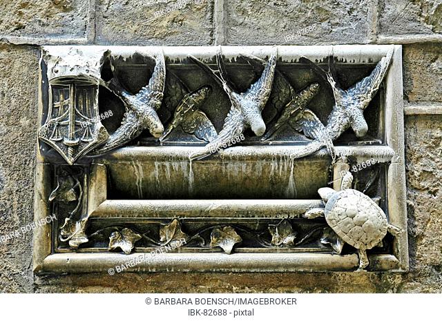 Mail box by Domenech i Montaner with swallows and turtle, irony because of the working speed of justice, Barcelona, Catalonia, Spain