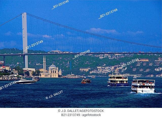 Turkey. First Bosphorus Bridge and the Ortaköy Mosque (Turkish: Ortaköy Camii), officially the Büyük Mecidiye Camii (Grand Imperial Mosque of Sultan Abdülmecid)...