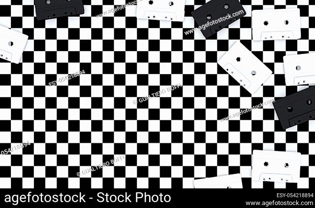 3d image of old audio cassettes on a black and white checkerboard background. rendering