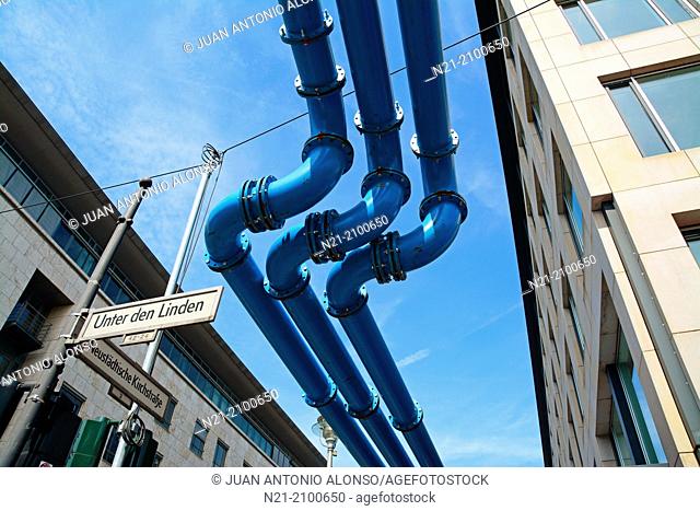 Berlin's famous aerial pipes transporting the water pumped out of construction sites. As Berlin sits on a swampy area, construction foundations are often...