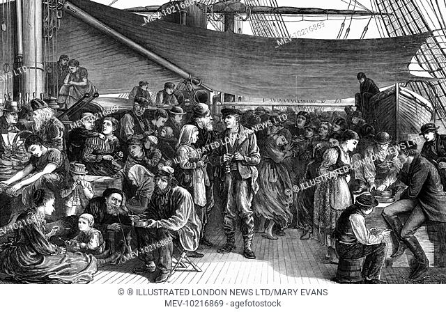 Engraving showing the steerage of a North German Lloyd's Atlantic Steam-ship, 1872. Emigrants from many countries, heading for North America