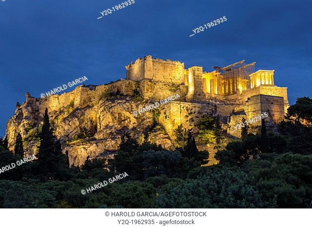 Acropolis Hill with the Parthenon construction shot in blue hour, Athens, Greece