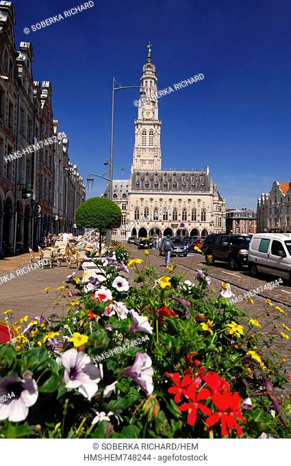 France, Pas de Calais, Arras, Place des Heros, Town Hall of Arras topped with its 77 meters belfry listed as World Heritage by UNESCO