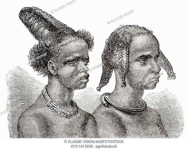 Headdresses of South African native women in the 19th century  From Africa by Keith Johnston, published 1884