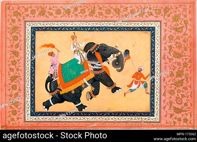 Prince Riding an Elephant. Artist: Painting by Khem Karan; Object Name: Illustrated album leaf; Date: 16th-17th century; Geography: Attributed to India; Medium:...