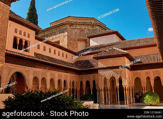 CARTAGENA, SPAIN - APRIL 11, 2017: Courtyard of the Myrtles (Patio de los Arrayanes) in La Alhambra, Granada, Spain