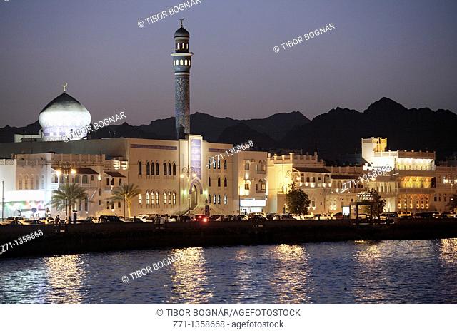 Oman, Muscat, Mutrah, skyline at night