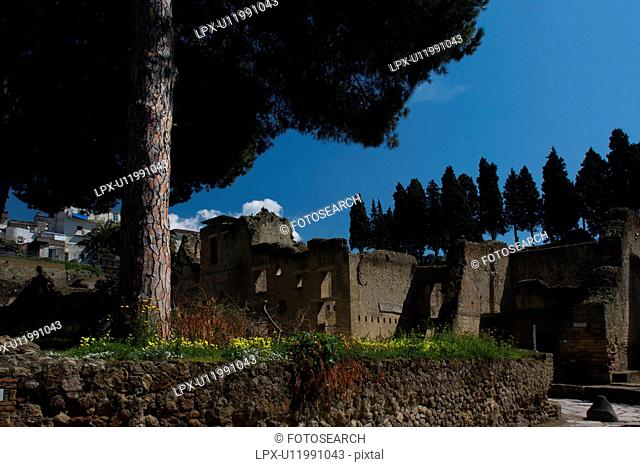 In the shadow of Vesuvius, the ruins of Ercolano - houses and garden, with main road
