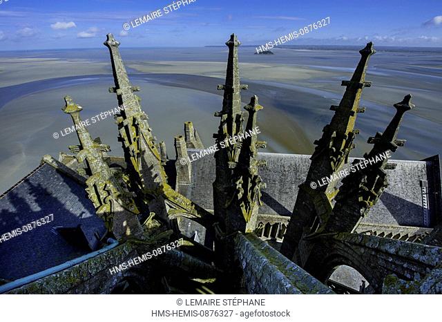 France, Manche, Bay of Mont Saint Michel, listed as World Heritage by UNESCO, Mont Saint Michel, the spires of the church