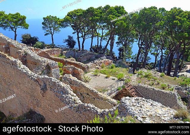 Villa Giove, Villa Jovis, ruins, general view, pine trees, sea