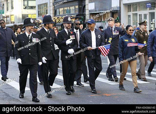 Fifth Avenue, New York, USA, November 11, 2023 - Mayor Eric Adams, during the 104th annual New York City Veterans Day Parade in New York City