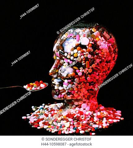 10598087, drugs, symbol, head, glass head, crowdedly, spoon, capsules, pills, overfull, addiction, medicine