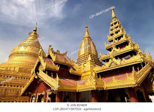 Myanmar, Mandalay, Bagan. Stupas of the Shwezigon Pagoda in Bagan in Myanmar