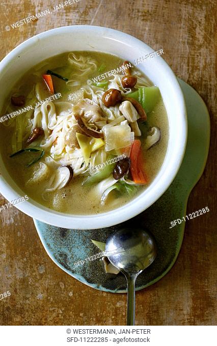 Soup with homemade noodles, vegetables and mushrooms
