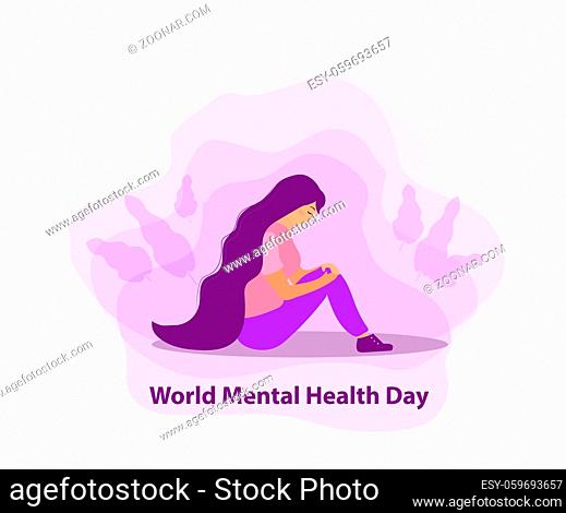 World Mental Health Day. Girl in sadness, depression concept. Isolated on a white background. Vector illustration