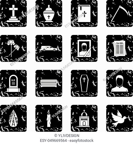 Funeral icons set in grunge style isolated on white background vector illustration
