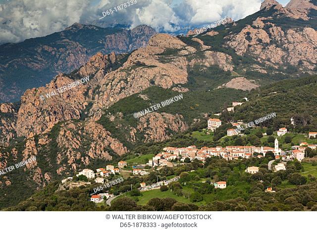 France, Corsica, Corse-du-Sud Department, Calanche Region, Piana, elevated town view
